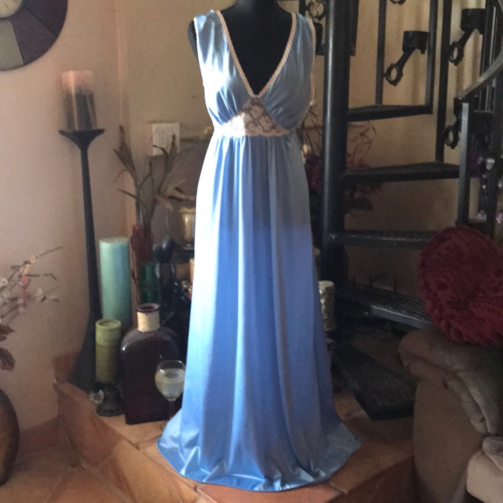 Vintage Lorraine Blue Maxi Long Nightgown Chemise Night Full Slip Dress Lingerie